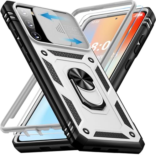 Giyer Handyhülle für Samsung Galaxy S20 FE Hülle mit Schutzfolie, Schutzhülle mit Kameraschutz 360° Drehbarer Metall Ring Ständer Stoßfest Bumper S20 FE 6.5 Case (Weiß)
