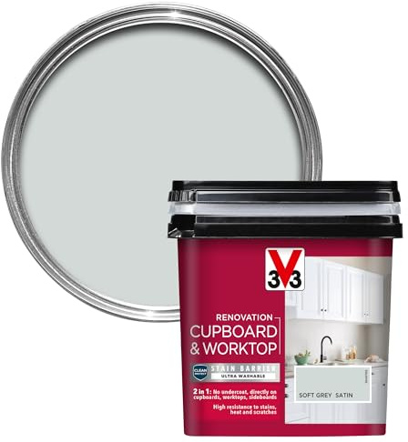 V33 Renovation Cupboard & Worktop Paint - No Undercoat Needed - High Resistance to Water Stains & Scratches - Ultra Washable - Soft Grey Satin 750ml