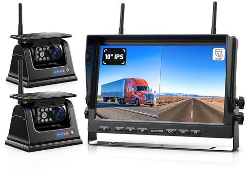 Magnetic Solar Wireless Backup Camera HD 1080P 10 DVR Monitor, Dual RV Cameras Wireless System for Hitch Towing Travel RV Camper 5th Wheel, Built-in 9600mAh Battery & Solar Panel, ZEROXCLUB BD102