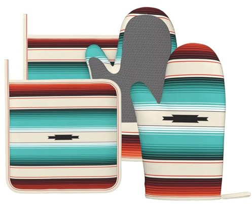 DYCBNESS Juego de manoplas de horno mexicanas color turquesa, juego de manoplas de horno de silicona bohemias étnicas a rayas resistentes al calor, antideslizantes, 4 almohadillas calientes y guantes