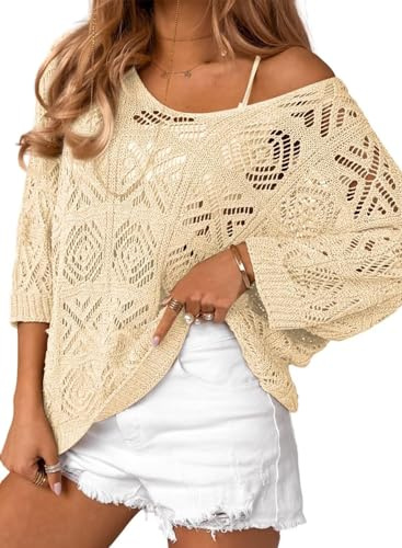 TANMESSO Pull en crochet à manches 3/4 pour femme Printemps été 2024, abricot, XL