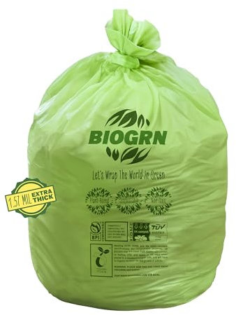 BIOGRN 50-55 Gallon Compostable Trash Bags Flat-Top 12 Bags Heavy Duty 1.57 Mil 208.2 Liter Large Lawn and Yard Waste Bag Compost for Outdoor Garden ASTM D6400, US BPI and OK Compost Home Certified