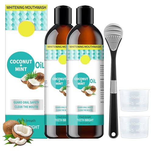 2 Pezzi Olio di Cocco per Denti con Raschietto Lingua, Oil Pulling, Oil Pulling Plio di Cocco Denti, Sbiancamento Denti e Gengive Sane, Rinfresca l'alito, Senza Alcool & Fluoro (237ml/Bottiglia)