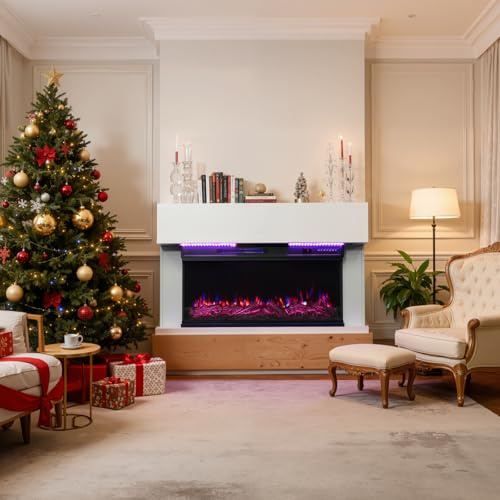 HOMAVO 36 Caminetto Elettrico, 1000W/2000W Camino Elettrico, 12 Colori di Fiamma 3D, Telecomando, incluido Mobile, con Striscia LED