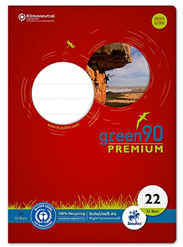 Staufen Green Heft - DIN A4, Lineatur 22 (5mm kariert), 32 Blatt, premiumweißes 90g/m² Recyclingpapier, runde Ecken verhindern Eselsohren, 4 verschiedene Motive (keine Auswahl möglich), 1 Stück