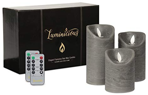 Grå LED-ljus flamlös flimrande låga | batteridrivet elektriskt äkta vaxljus med realistiskt flimmer. Rörlig låga med 2 fjärrkontroller och timer | dekorativ heminredning
