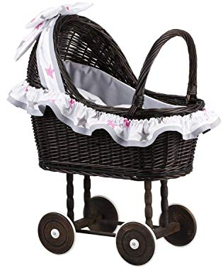 e-wicker24 Alles aus Weide Puppenwagen aus Weide mit Bettwäsche perfekte Geschenkidee Korbpuppenwagen schöner Spielzeug aus Korbgeflecht Korbwagen für Puppen Spielzeug für Mädchen (White 1)