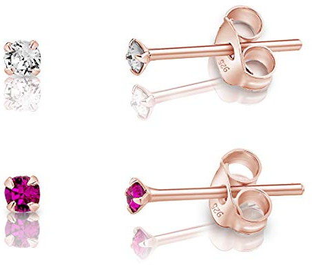 DTPsilver - 2 Paar WINZIGE Ohrringe 925 Sterling Silber Rosèvergoldet mit Kristallen von Swarovski® Elements Runde KLEINE Ohrstecker - Durchmesser 2 mm - Farbe : klare Kristalle + Fuchsie
