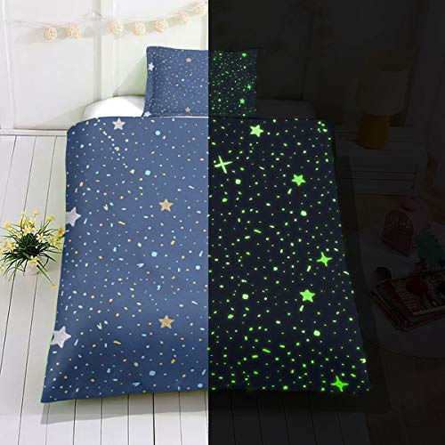 Kids Glow in The Dark Duvet Cover Twin Blue Cartoon Stars Universe Bedding Set for Teen Boys Girls Toddler Bed Comforter Cover Child Starry Sky Theme Decor Bedspreads with Zipper,No Comforter Sheet