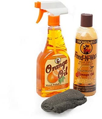 Howard Orange Oil Wood Polish and Howard Feed-N-Wax Wood Polish and Conditioner, Bundled with Steel Wool