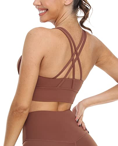 icyzone Damen Sport BH Starker Halt Gepolstert Training Bustier Top Fitness Yoga Bra (M, Copper Brown)