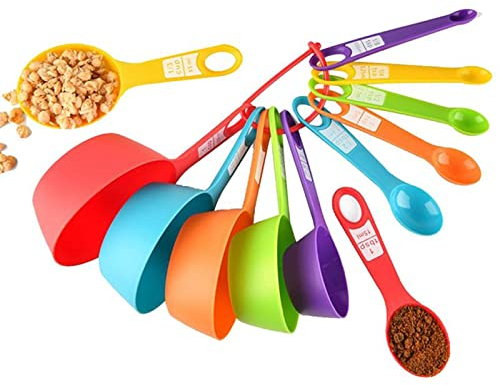 Messlöffel Set, 1/4 TSP bis 1 Cup - 12-TLG. stapelbar - Messbecher Measuring Cups und Measuring Spoons 1,25 – 240ml inkl. Streichlineal– Zum Kochen & Backen mit Kindern (Bunt)