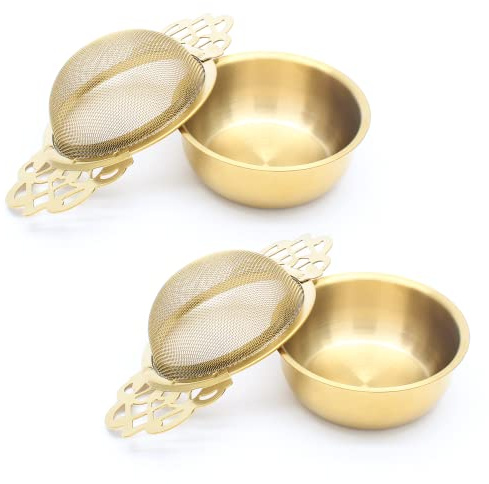 Bonsicoky 2 Pack Tea Strainer Bowl, Stainless Steel Loose Leaf Tea Filter for 2.5-4 Inch Cup Mouth, Gold