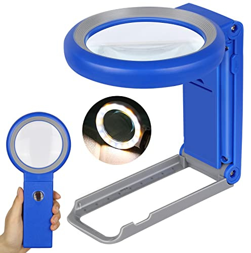 Magnifying Glass with Light and Stand, Foldable Handheld Magnifying Glass 18 LED Illuminated Lighted Magnifier for Macular Degeneration, Seniors Reading, Close Work, Coins, Jewelry Blue