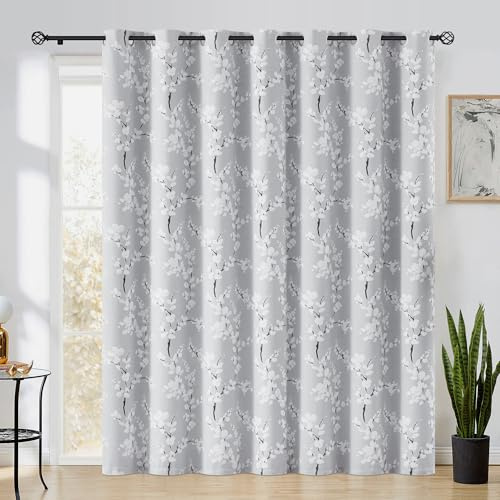 FMFUNCTEX 100% Blackout Sliding Door Curtains for Living Room, Grey Floral Print Extra 100 Wide Window Curtain Panels for Sliding Glass Door, Thermal Insulated 1 Panel Grommet (White on Grey)