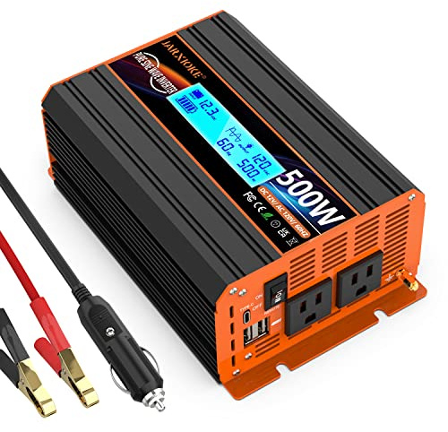 500 Watt Pure Sine Wave Power Inverter 12V DC to 110V 120V Converter for Home, RV and Off-Grid Solar Systems with Type-C Port, 2 AC Outlets, 2 USB Ports, LCD Display