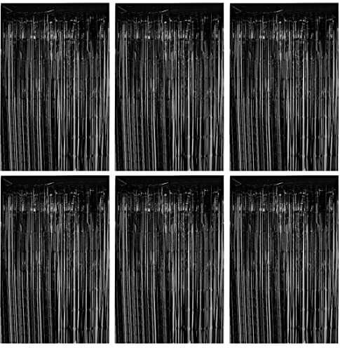 O-Kinee Lametta Vorhänge Schwarz,6 Stück Glitzer Vorhang Party Deko, 1m x 2m Metallische Glitzervorhang Geburtstag,Tinsel Folie, Folienfransen Vorhang für Weihnachtsbaum Festivals Party ​Bühnendekor