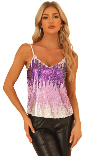 Allegra K Damer paljetttopp glitter topp spaghetti party klubb camisole metallisk festival skjorta topp, Vit rosa lila, L