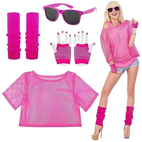 JOCXZI 1 Set 80s Costume Accessories with T-Shirt Grid Neon Net+Mesh Gloves+Leg Warmers+Glasses Clothing Set Costumes 80s Party Cosplay for Women Men
