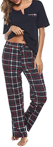 Bresdk Pyjama Femme Coton Haut à Manches Courtes de Couleur Unie Bas de à | Carreaux 2 Pièces, bleu foncé, XL