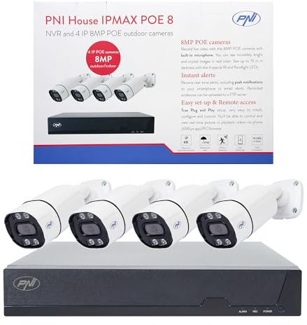 PNI House IPMAX POE-8 Kit Videosorveglianza con NVR e 4 Telecamere-IP, Risoluzione 8MP, Visione Notturna, Rilevazione di movimento, Impermeabile IP66, Compatibile con tecnologia-IP