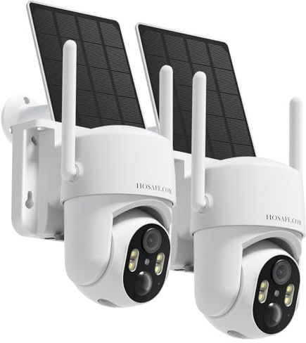 HOSAFE.COM Überwachungskamera Aussen WLAN, 360 Grad Kamera Überwachung Aussen, 2K 3MP Überwachungskamera Solar mit Spotlight Farb-Nachtsicht, PIR Sensor, 2-Wege Audio, 2PCS