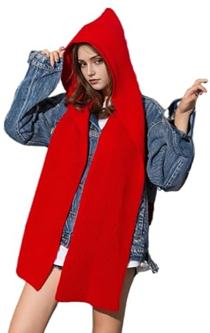 CAMDOM Warmer Winter-Schal, 2-in-1-Mütze, Halswärmer, Kapuzenschal, gestrickt, lange Schals, rot, One size