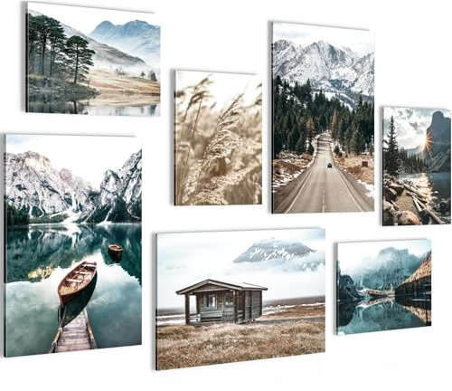 Novart Wandbilder See Berge Landschaft - KOMPLETT AUFHÄNGFERTIG - Natur Wohnzimmer Schlafzimmer - 7 Moderne Mood-Bilder - N007372a
