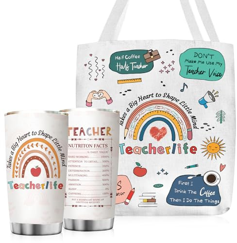 VivaJoy Teacher Gifts，Gifts for Teachers，20 Oz Stainless Steel Tumbler with Charming Pattern of Apple and Trees, Large Capacity Tote Bag with Carefully Designed Patterns, Teachers Gift for Women