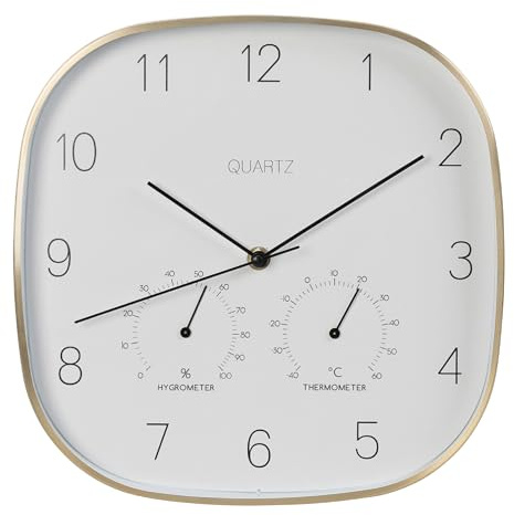 Horloge murale en métal - 28,5 cm - Horloge décorative moderne - Avec thermomètre et hygromètre - Horloge murale de salon, de cuisine - Décoration murale de salon - Horloge murale en métal à piles -