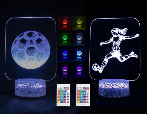 2er Set 3D Sport Nachtlicht für Kinder und Erwachsene, LED Lampe mit 16 Farben, Fernbedienung und Touch, USB oder Batteriebetrieb, Deko Licht für Schlafzimmer, Geburtstag-Weihnachten (Fußball Frau)