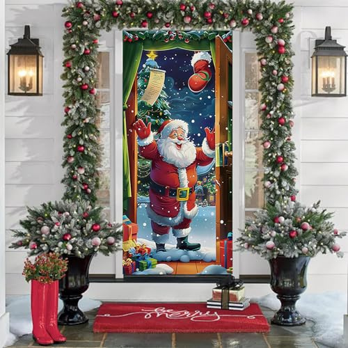 Zfseyuh Weihnachten Tür Abdeckung Dekoration Weihnachtsmann Tür Weihnachtsmann Hängen Banner Mit 4 Klettverschlussbändern Innen Außen Winter Party Dekoration Hintergrund Banner 91 x 203 cm