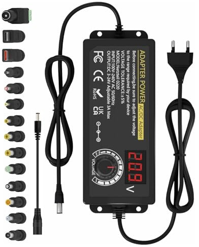 Einstellbares Netzteil 3V-24V Universal Netzteil Adapter 3A 72W Einstellbarer Netzadapter AC/DC 100V-240V mit LED Spannungsanzeige und 5,5x2,5mm 14 Spitzen für Haushaltsgeräte LED Beleuchtung