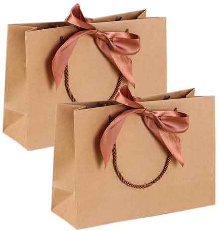 2 Stück Papiertüten mit Schleifenbändern,Geschenktaschen mit Henkel Partytüten Bodenbeutel Kreuzbodenbeutel für Geburtstag Hochzeit Feier Party (Braun)