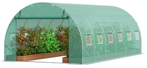 VEVOR Serra a Tunnel da Esterno per Giardinaggio Walk-in 50 x 30 x 2 Metri, Serra per Piante Telaio in Acciaio galvanizzato, Copertura in PE Verde, Porta con Cerniera Arrotolabile e 12 finestre