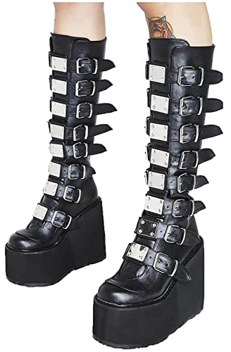 Zeiayuas Femmes hivernales Noires gothiques Punk Plateforme bottines Bottes Au Genou Femmes Goth Buckle Zipper Creeper coin Mid-Calf Chaussures Mode Boots