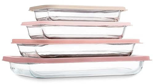 COOK WITH COLOR 8 PC. Glass Baking Dish Set with Lids - Deep Casserole Dish, Glass Food Container, Oven, Freezer and Microwave Safe, Clear Container, Pink