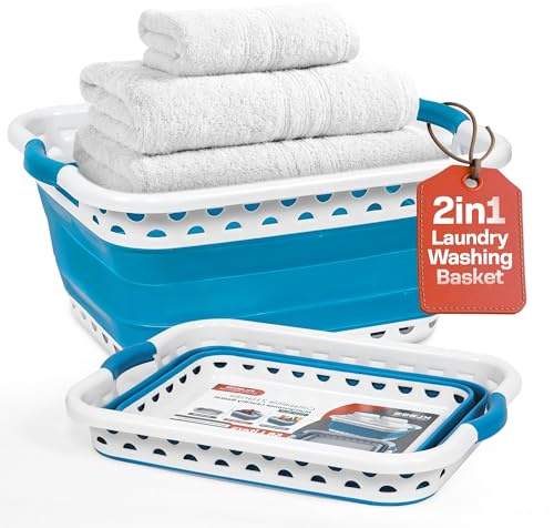 Klass Home Collection 58L Large Collapsible Laundry Baskets Plastic, Pop Up Foldable Washing Basket, Laundry Hamper For Sorting & Drying, Space Saving Folding Wash Bucket Tub (2-Handle, Blue)