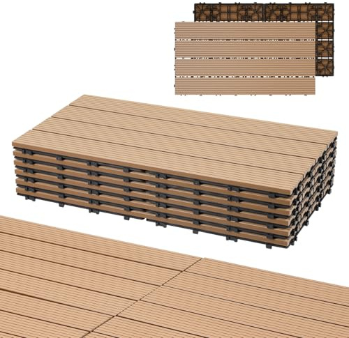 Eulenke WPC Terrassenfliesen 6 Stück, 30x60 cm Terrassendielen für Balkon Boden, Klickfliesen, Balkonfliesen in Holzoptik, Bodenbelag Wetterfest für Terrasse, für 1 m², Teak‌