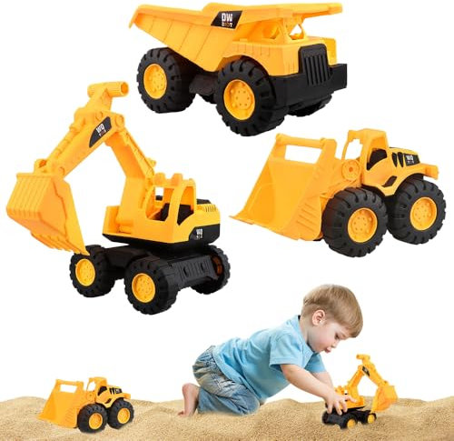 Dhqkqg Construction Vehicles Toys, 3 PCS Dumper Bulldozer Excavator Truck, Digger Toy Cars, Mini Engineering Toy, Sand Pit Toys for Children Boys Girls Indoor Outdoor Use