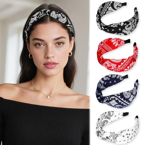 JJUNW 4Stück Boho Haarreifen Breit, Stirnbänder für Frauen, Kein Slip Breit Stirnband mit Knoten, Vintage Haarschmuck Kopfbedeckung für Mädchen Frauen