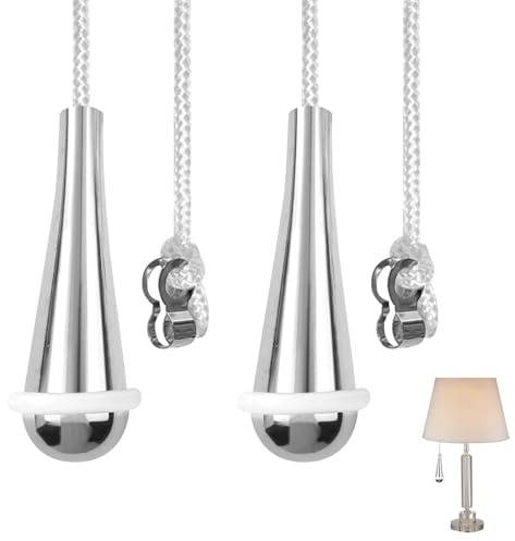 2 Pcs Bathroom Light Pull Cord Handle with 150cm White Nylon Extension | Aluminium Alloy with Chrome Finish, Teardrop Design for Mounting on Table Lamps, Bathroom, Fan Switch and More