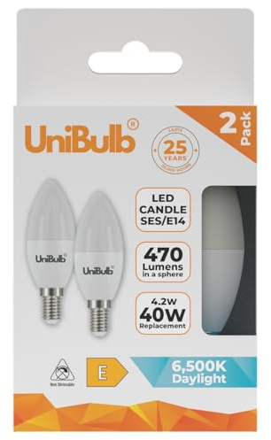 Unibulb E14 SES LED Candle Bulbs, 470 Lumens, Daylight 6500K, 4.2W 40W Equivalent/Replacement, 25,000hr lifespan, Pack of 2