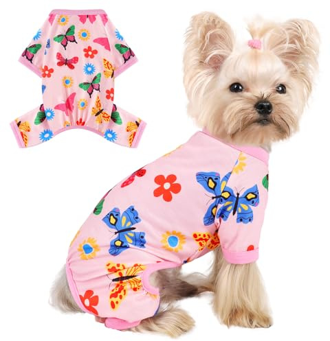 Sebaoyu Small Dogs Pajamas, Chihuahua Yorkie Teacup Dog Costumes, Soft Stretchy Puppy Pjs Pet Pajamas Clothing, Cats Outfit Clothes (Pink Butterfly, S)