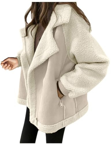 FUPODD Jacke Damen Wildleder Kurz Winterjacke Damen Warm Gefüttert Teddyjacke Winter Revers Bikerjacke Vintage Dicke Wintermantel Elegant Thermo Jacken Fellkragen Warme Mantel Reißverschlußtaschen