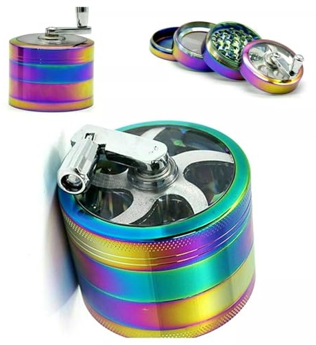 Grinder Crusher, 4-Layer Pollen Scraper Grinder with Hand Crank, Zinc Alloy Shredder for Dried Spices, Herbs, Ø60mm Mini-Scraper Clear Top Abrader Spices Grind Manual Muller (Rainbow)