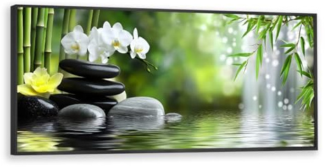 Via Vela Zen Bambou Toile Art Mural Relaxant Orchidée Mural Impressions Nature Moderne Spa Méditation Affiche Peinture pour Salon Chambre Décor 50x126cm avec Cadre Noir