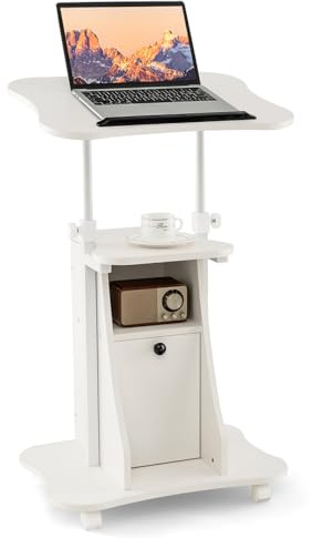 GYMAX Stehpult höhenverstellbarer 68-114 cm, Rednerpult Podiumständer mit 180° neigbarer Tischplatte, Aufbewahrungsfächern & Schrank, Laptoptisch für Klassenzimmer, Hörsaal (Weiß)