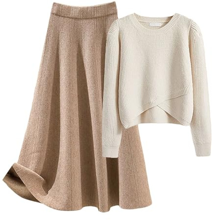 Damen Strick-Set aus Pullover und Rock in Beige - 2-teiliges Outfit mit asymmetrischem Pulli und A-Linien-Rock | Elegantes Strick-Ensemble