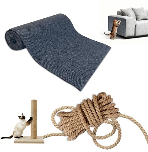 FURVELO® Arranhador para Gatos, Protector Sofa Gatos arañazo, Rascador Gato, Alfombrilla 40x200cm de Poliéster 100% Natural y Cuerda de 6mm x10m de Cáñamo Natural 100%, rascador Sofa Gatos